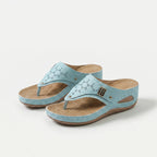Women's perforated wedge toe-post sandals with decorative side trim