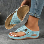 Women's perforated wedge toe-post sandals with decorative side trim