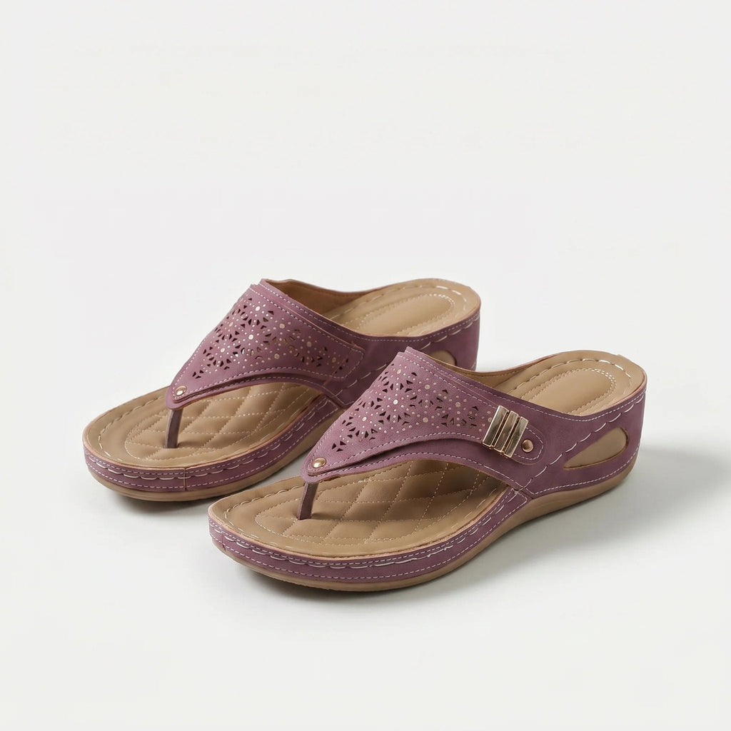 Women's perforated wedge toe-post sandals with decorative side trim
