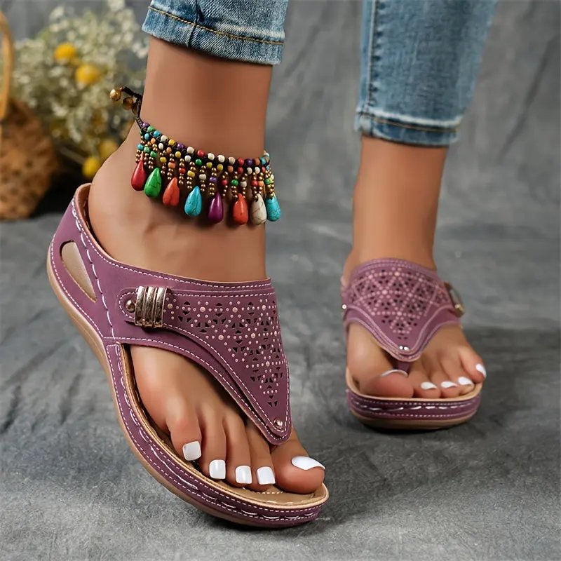 Women's perforated wedge toe-post sandals with decorative side trim