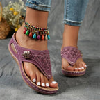 Women's perforated wedge toe-post sandals with decorative side trim