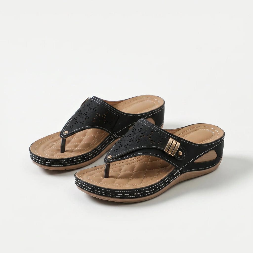 Women's perforated wedge toe-post sandals with decorative side trim