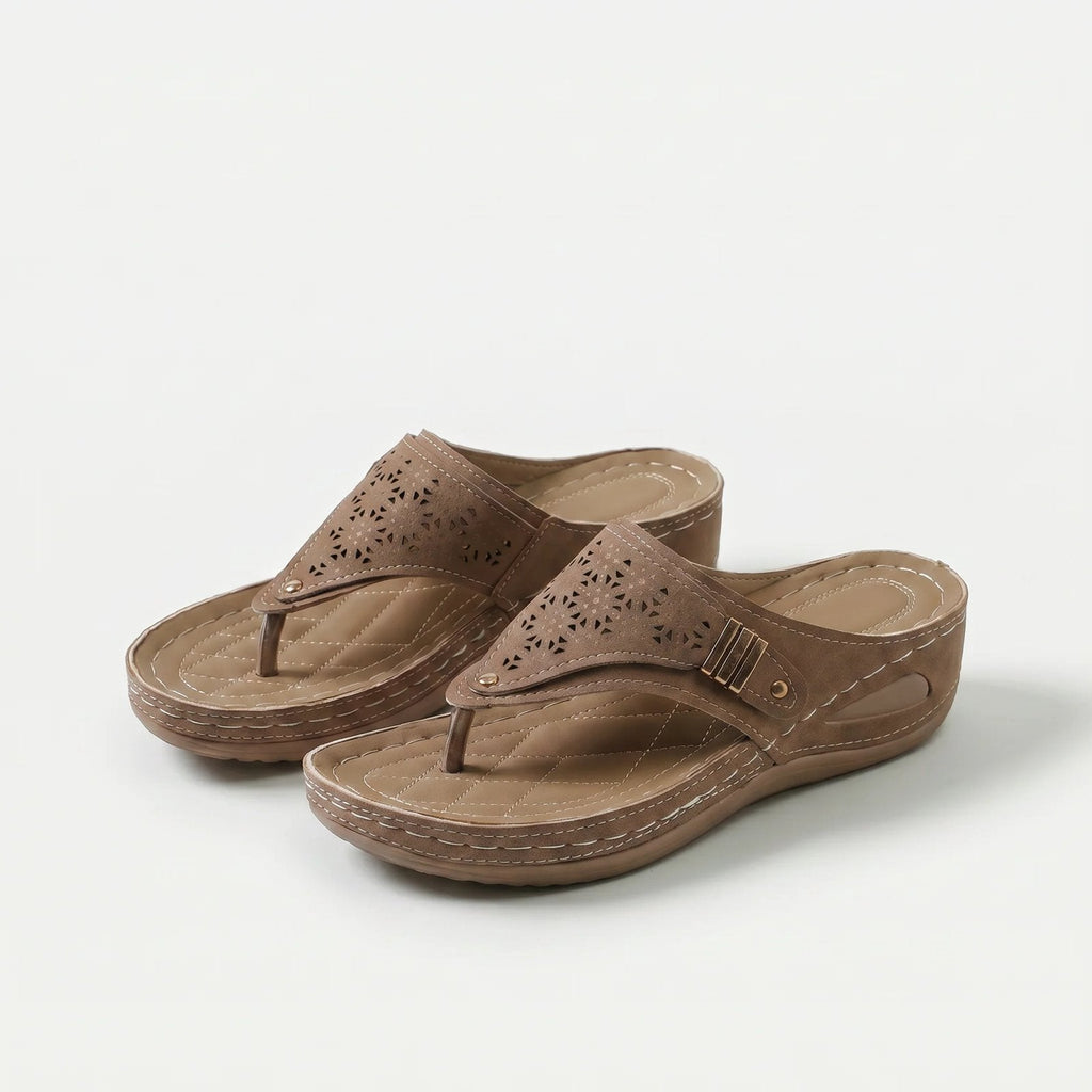 Women's perforated wedge toe-post sandals with decorative side trim