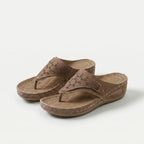 Women's perforated wedge toe-post sandals with decorative side trim