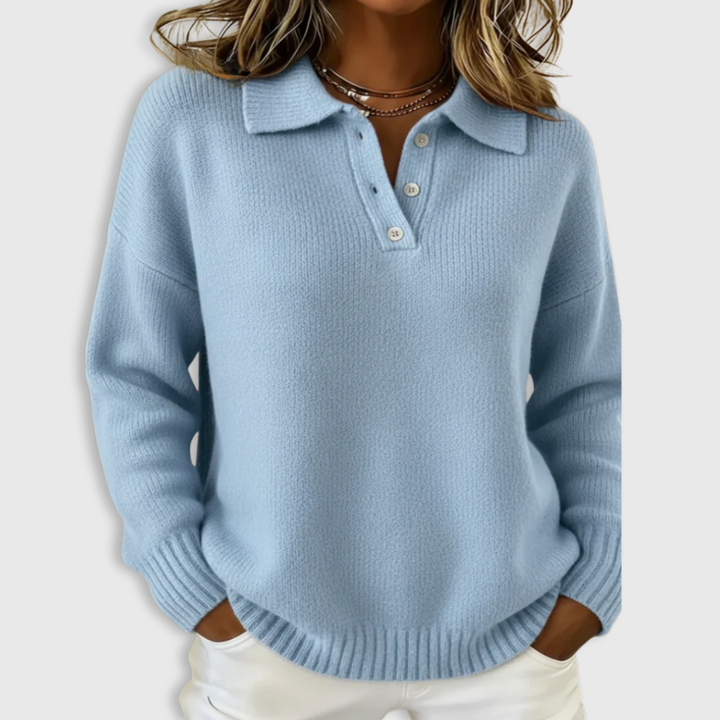 Women's long-sleeve knitted polo sweater with collar, button placket and ribbed trims