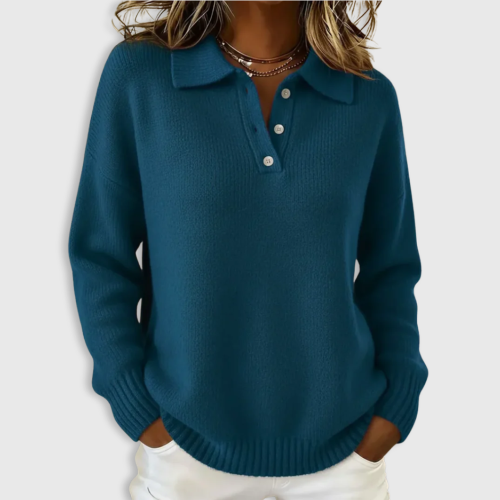 Women's long-sleeve knitted polo sweater with collar, button placket and ribbed trims