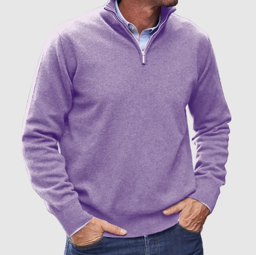 Men's solid quarter-zip mock neck sweater with long sleeves and ribbed trims