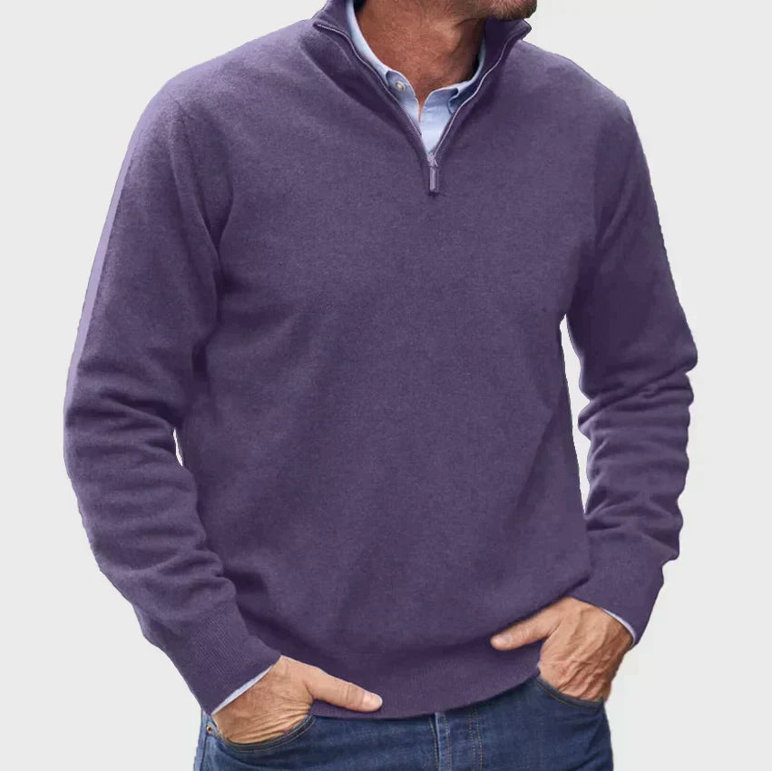 Men's solid quarter-zip mock neck sweater with long sleeves and ribbed trims