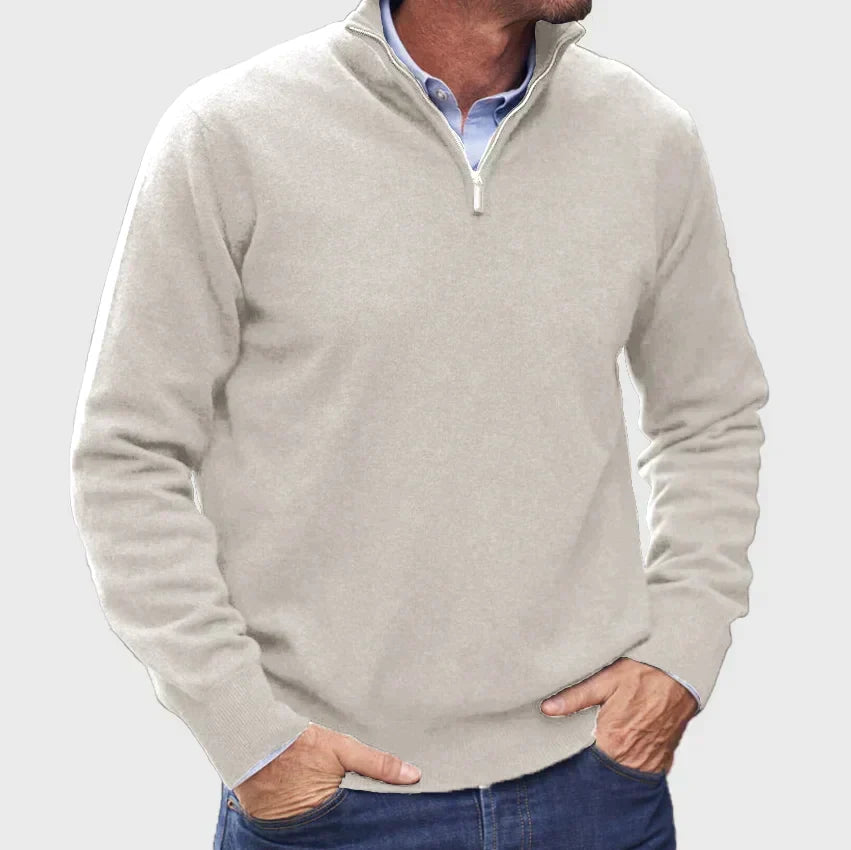 Men's solid quarter-zip mock neck sweater with long sleeves and ribbed trims