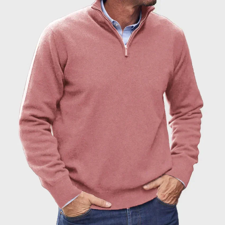 Men's solid quarter-zip mock neck sweater with long sleeves and ribbed trims