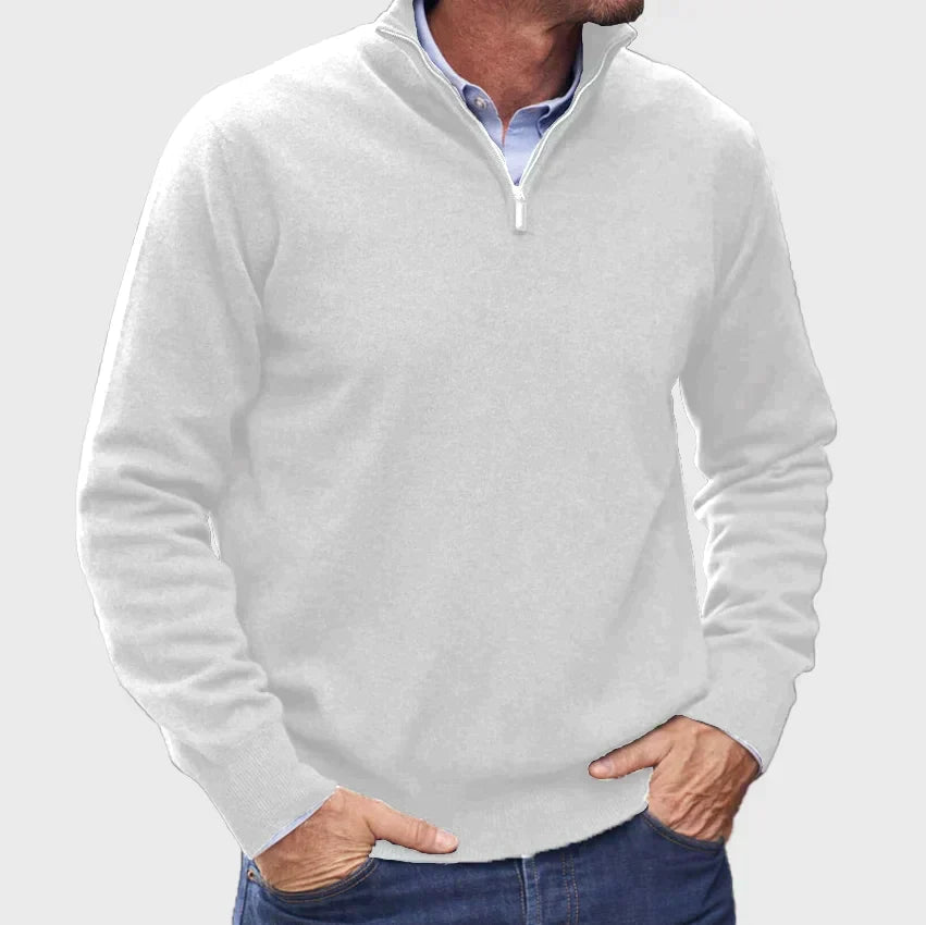 Men's solid quarter-zip mock neck sweater with long sleeves and ribbed trims