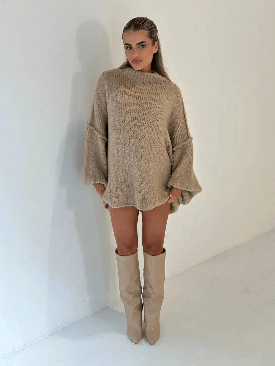 Women's oversized textured turtleneck jumper with balloon sleeves
