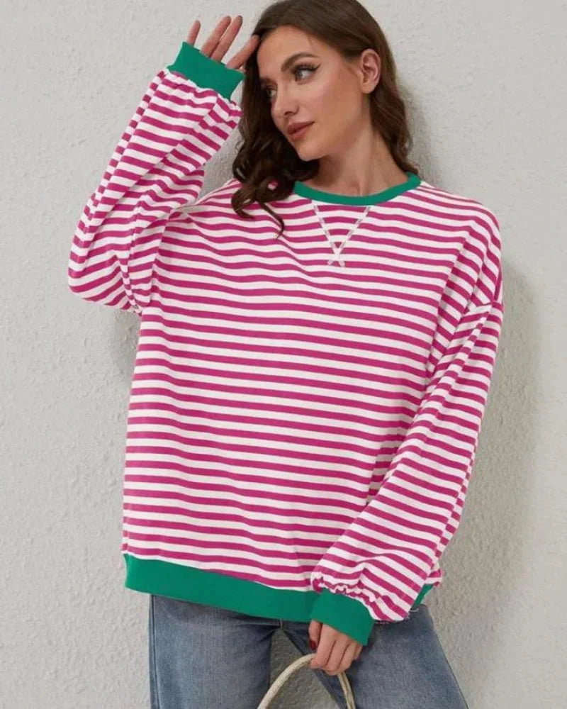 Women's oversized striped sweater with long sleeves and ribbed trims