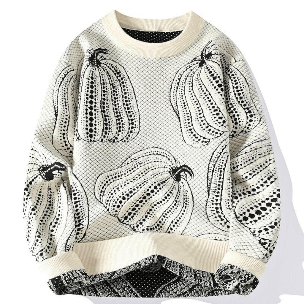 Unisex knitted sweater with repeated pumpkin motifs, crew neck and long sleeves