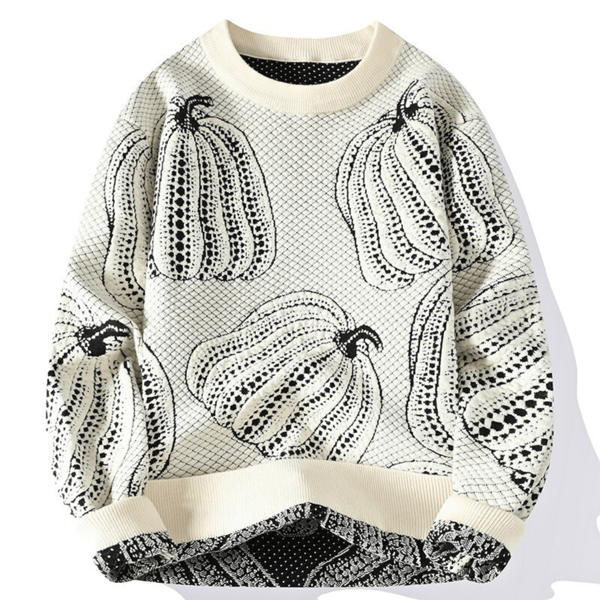 Unisex knitted sweater with repeated pumpkin motifs, crew neck and long sleeves