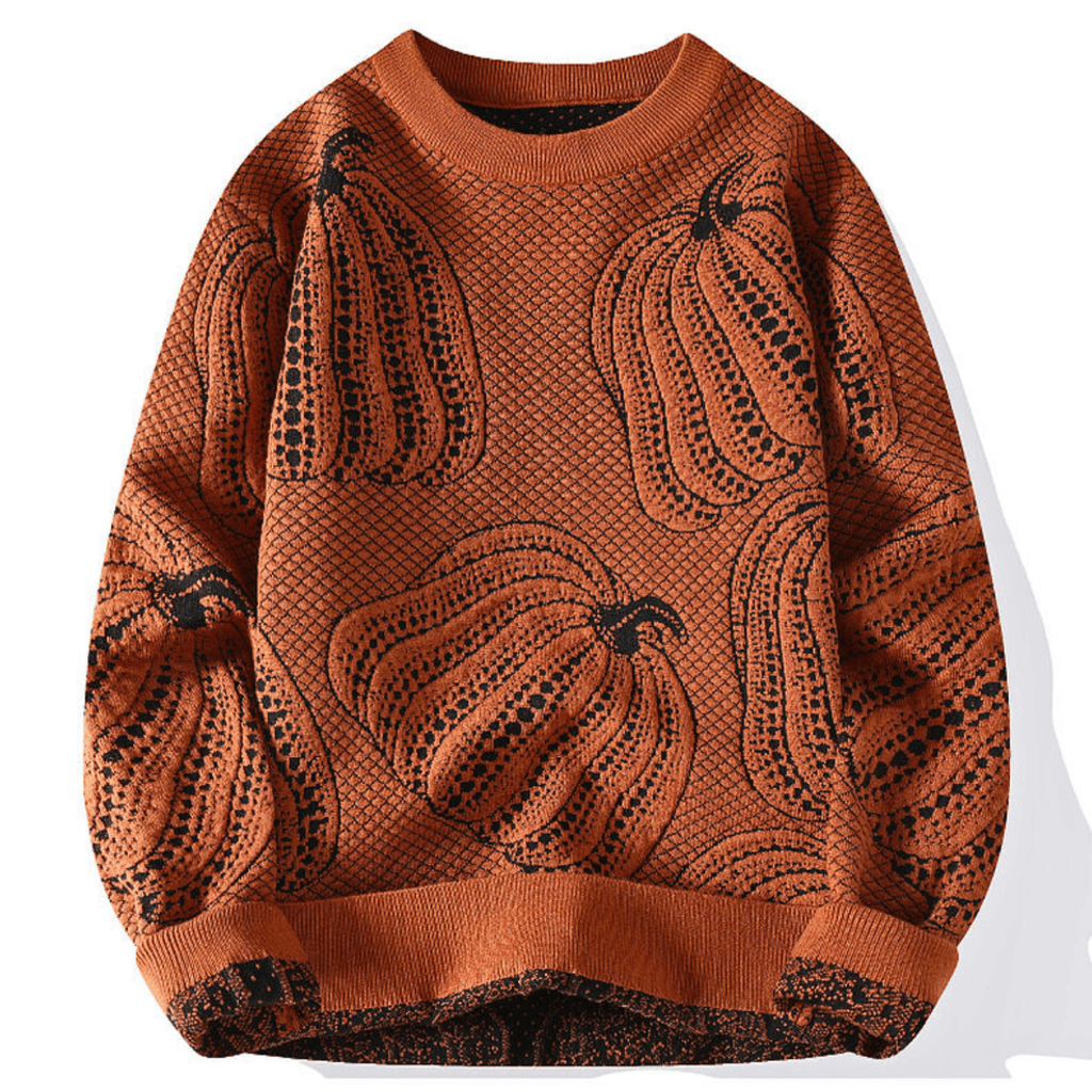 Unisex knitted sweater with repeated pumpkin motifs, crew neck and long sleeves