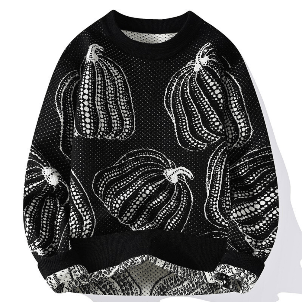 Unisex knitted sweater with repeated pumpkin motifs, crew neck and long sleeves
