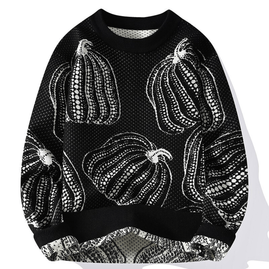 Unisex knitted sweater with repeated pumpkin motifs, crew neck and long sleeves