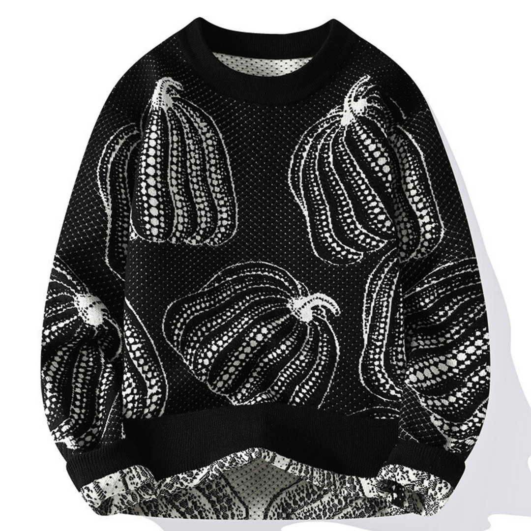 Unisex knitted sweater with repeated pumpkin motifs, crew neck and long sleeves