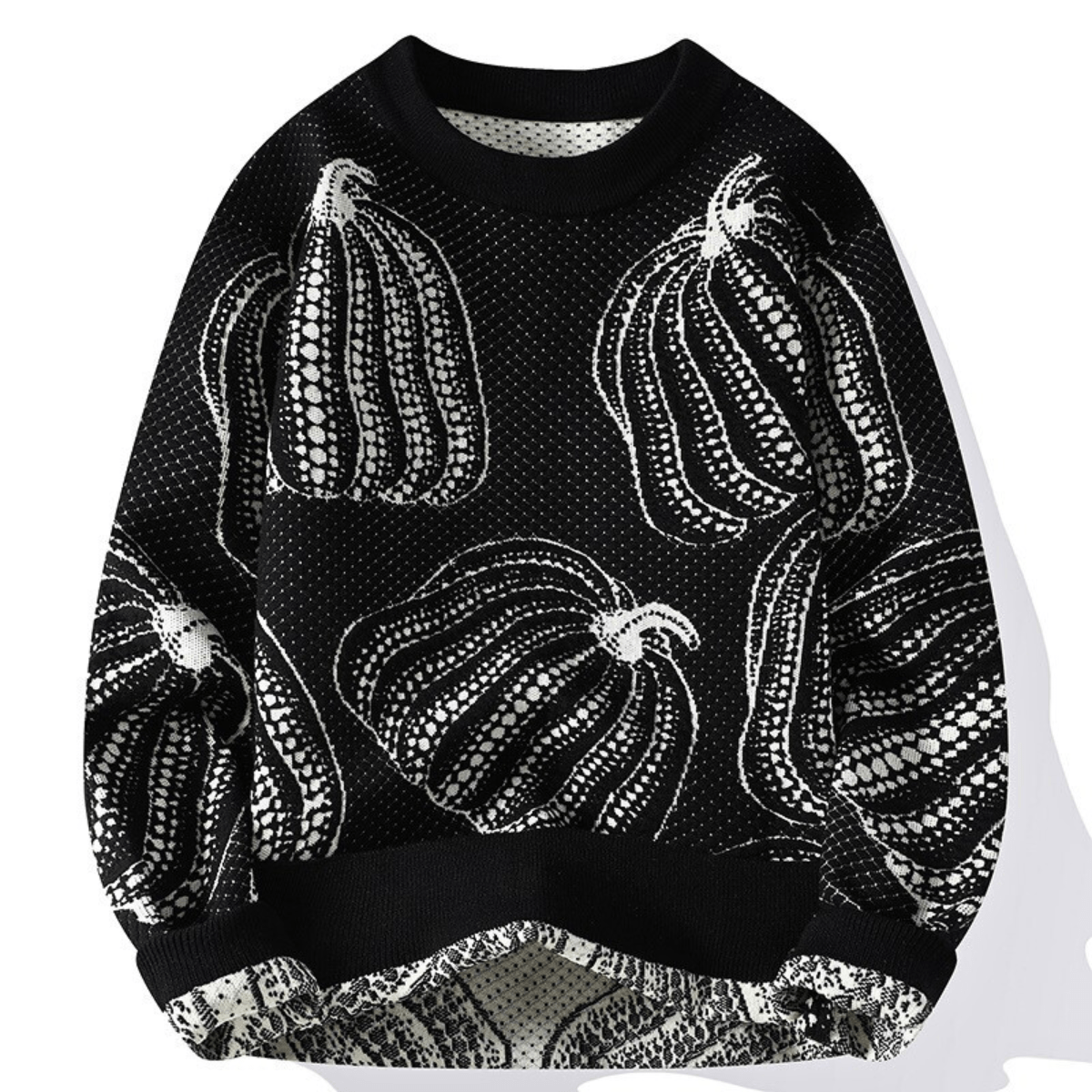 Unisex knitted sweater with repeated pumpkin motifs, crew neck and long sleeves