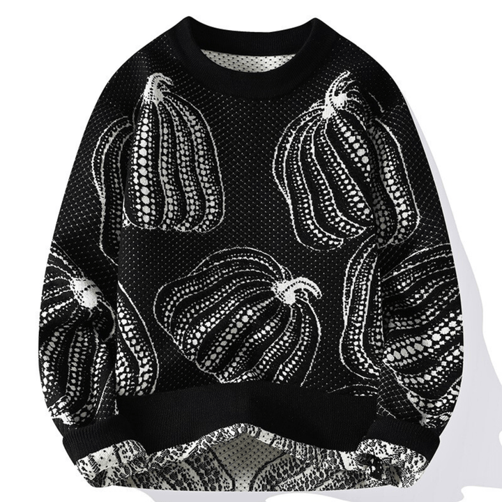 Unisex knitted sweater with repeated pumpkin motifs, crew neck and long sleeves