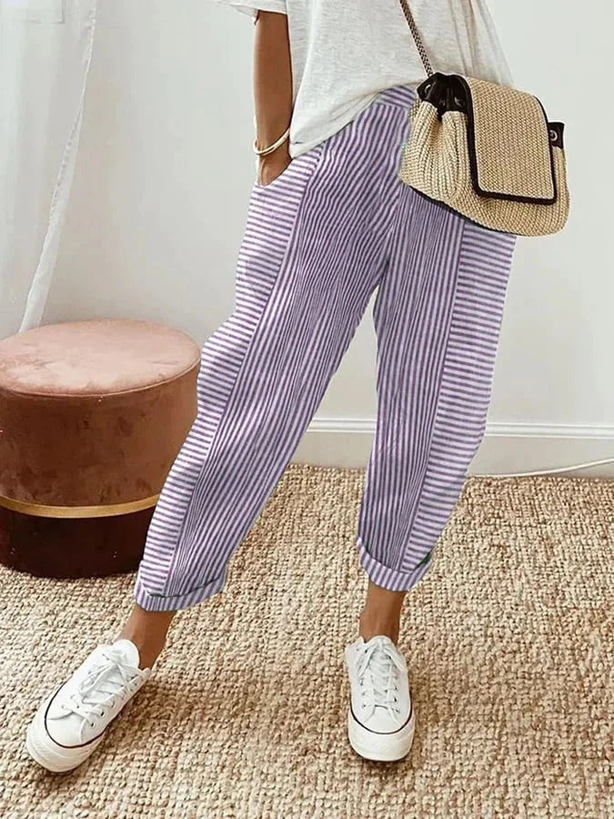 Women's cropped striped trousers with elastic waist and cuffed hems