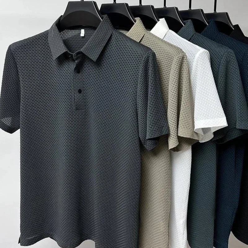 Men's textured polo shirt with collared neckline and button placket