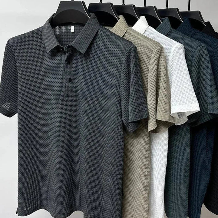Men's textured polo shirt with collared neckline and button placket