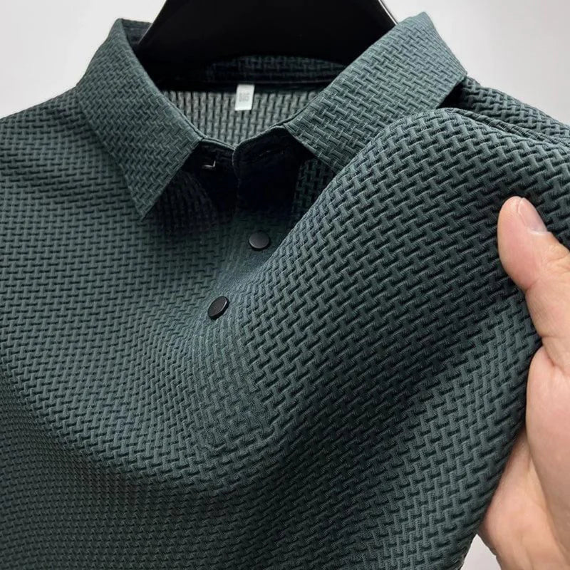 Men's textured polo shirt with collared neckline and button placket