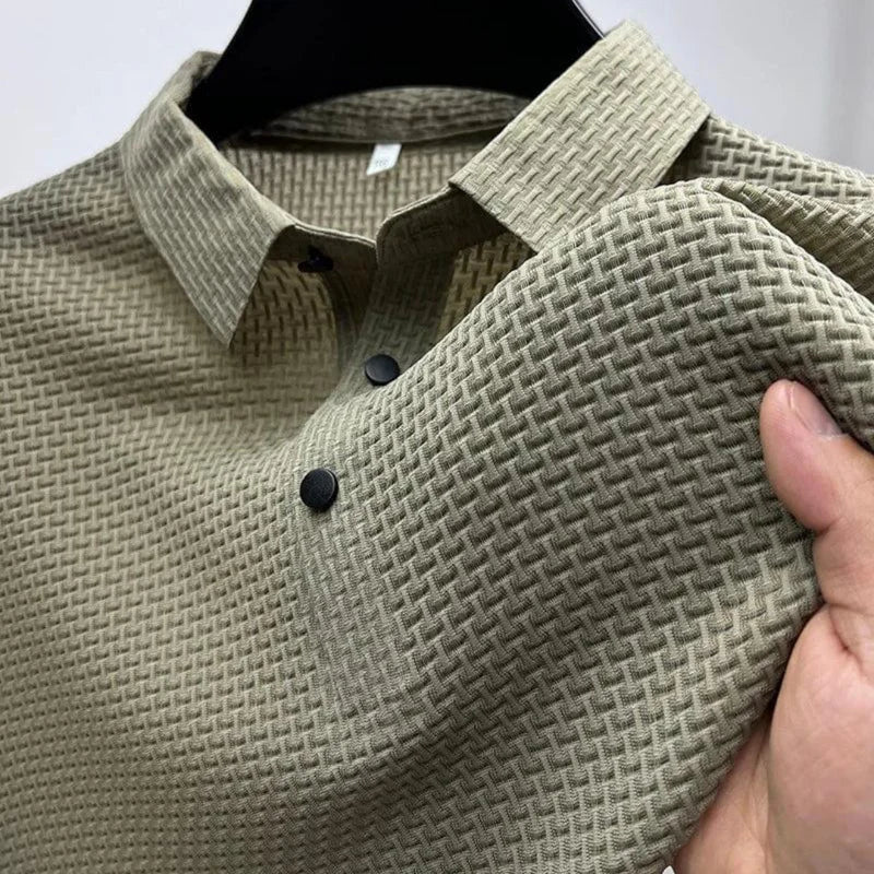 Men's textured polo shirt with collared neckline and button placket