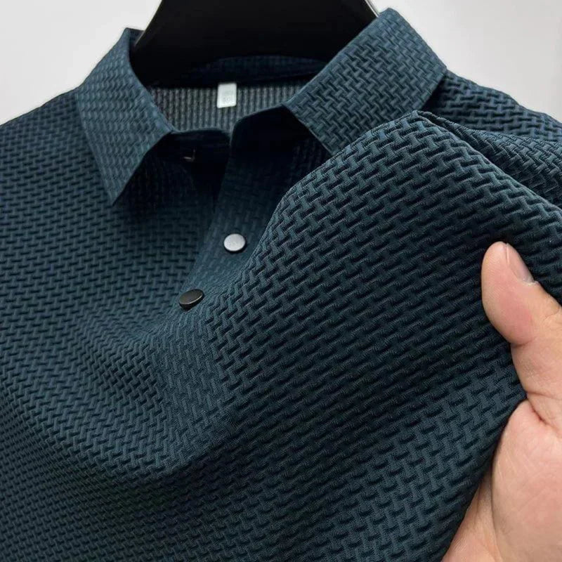 Men's textured polo shirt with collared neckline and button placket