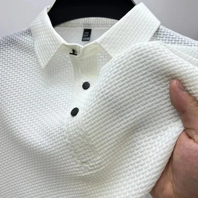 Men's textured polo shirt with collared neckline and button placket