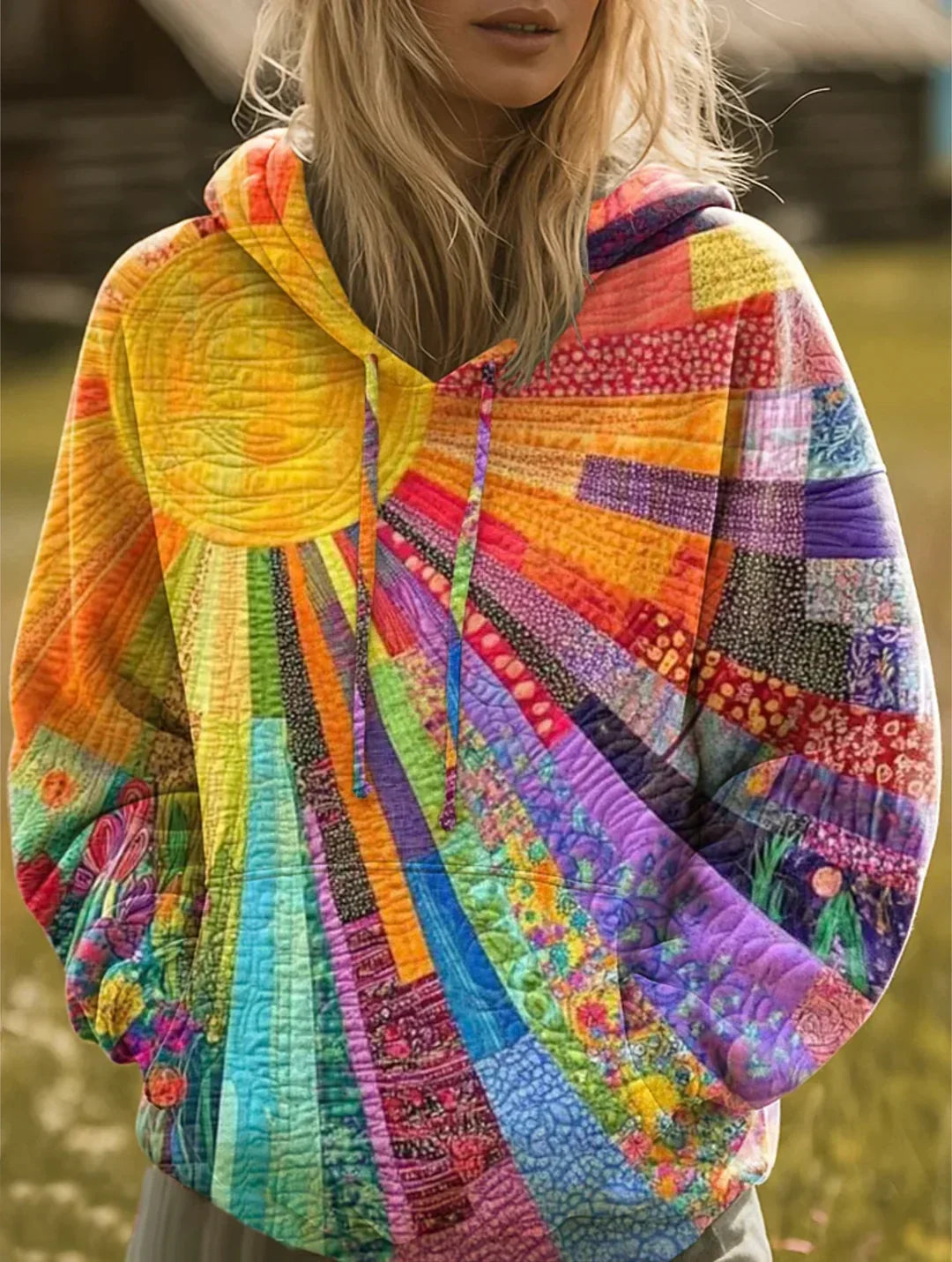 Women's multicolour quilted patchwork hooded sweatshirt
