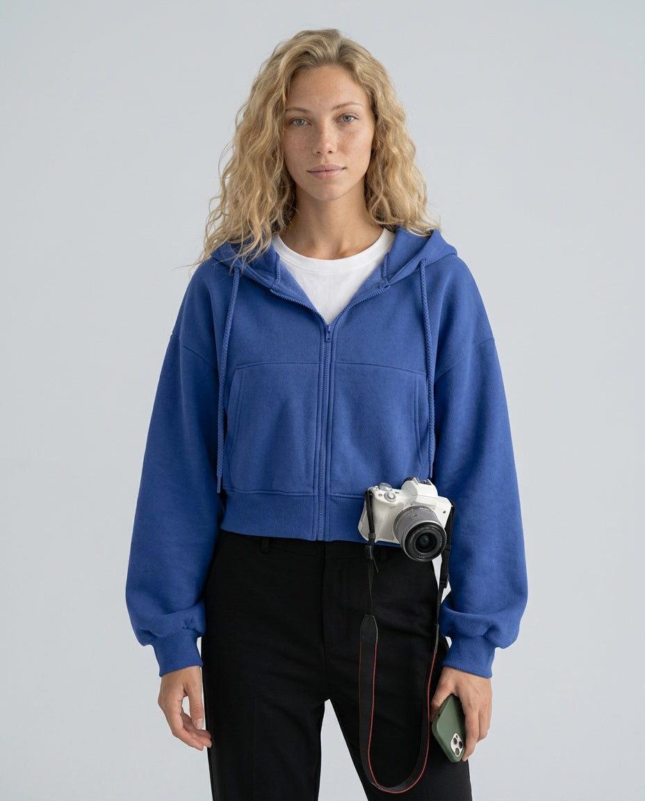 Women's cropped hooded zip-up hoodie with long sleeves and front pockets