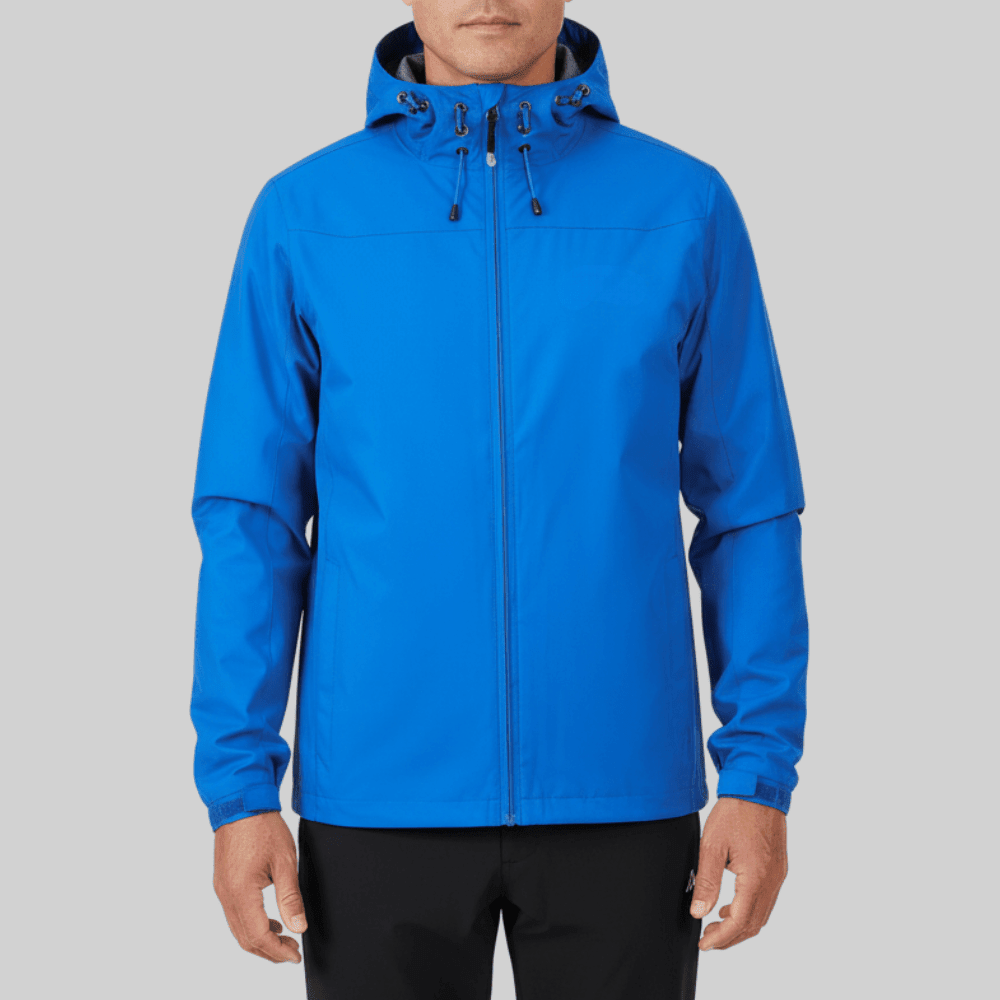 Men's hooded full-zip rain jacket with long sleeves and side pockets