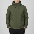 Men's hooded full-zip rain jacket with long sleeves and side pockets