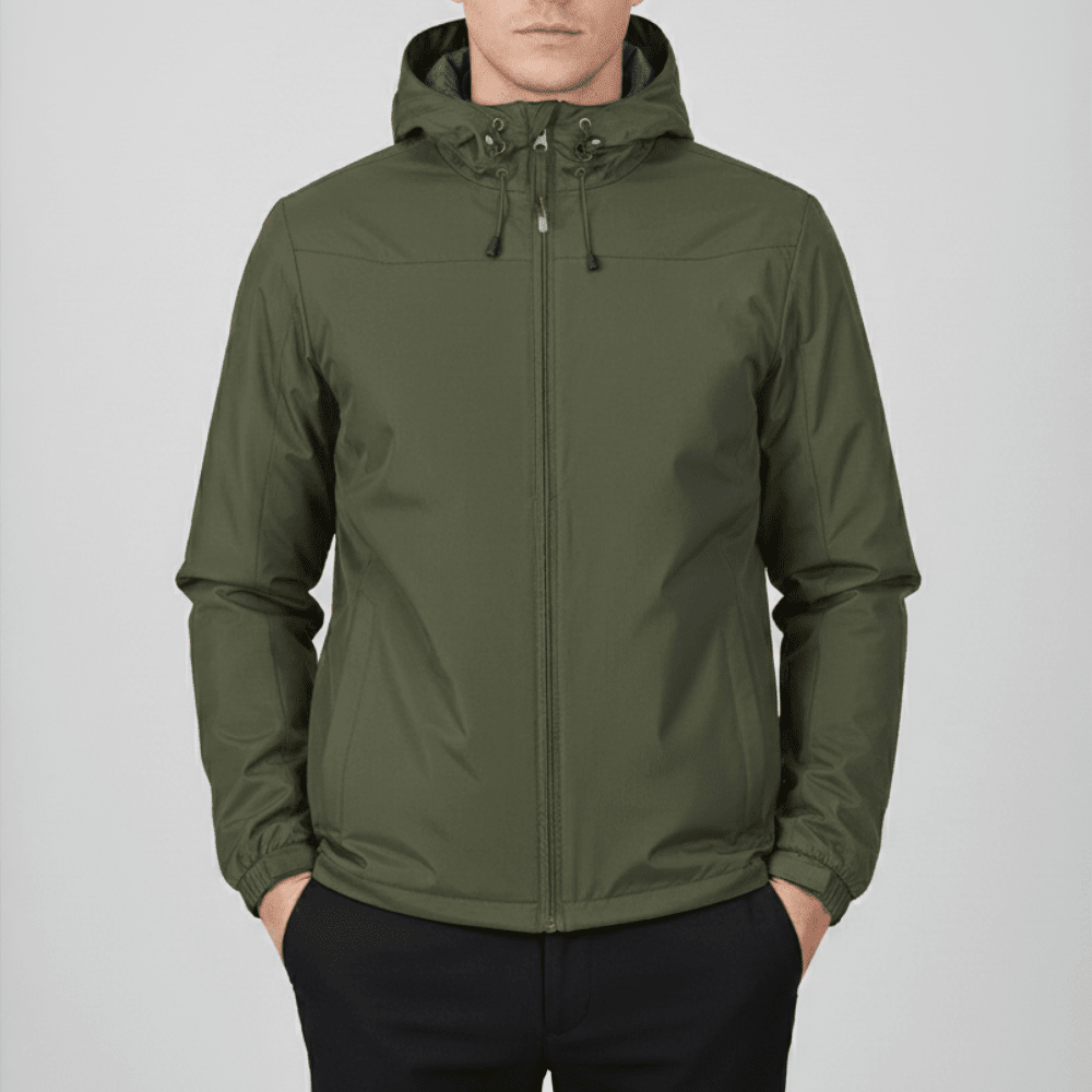 Men's hooded full-zip rain jacket with long sleeves and side pockets