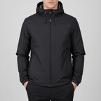 Men's hooded full-zip rain jacket with long sleeves and side pockets