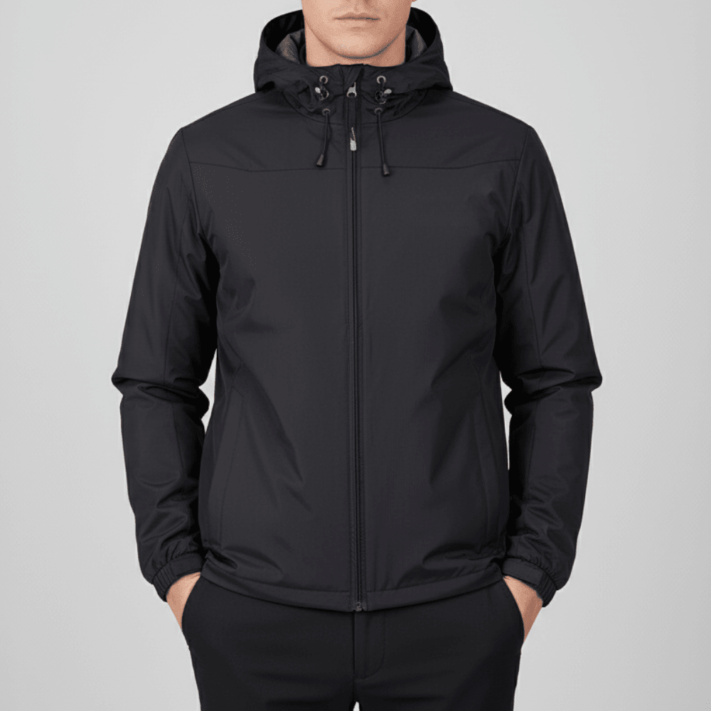 Men's hooded full-zip rain jacket with long sleeves and side pockets