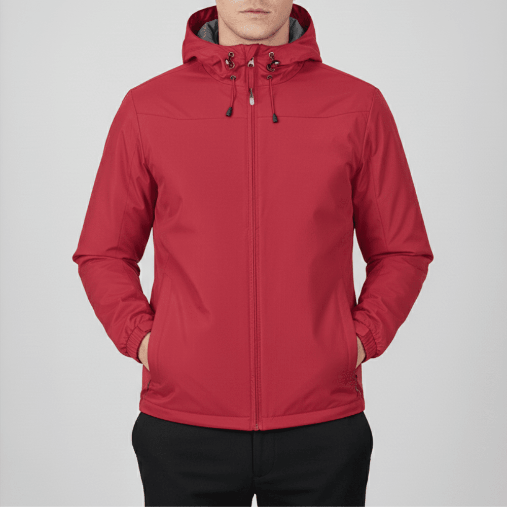 Men's hooded full-zip rain jacket with long sleeves and side pockets