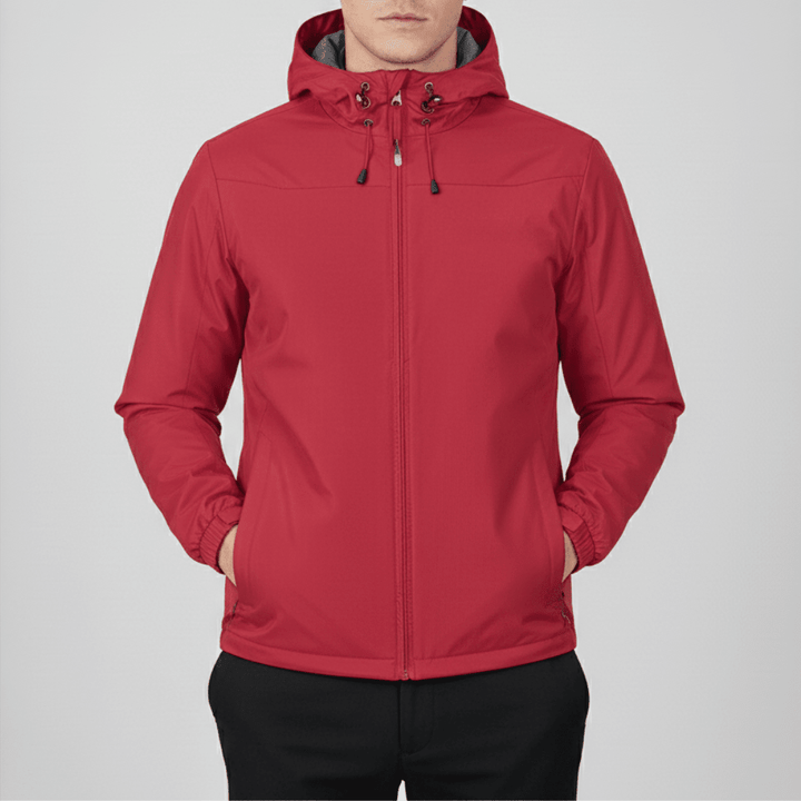 Men's hooded full-zip rain jacket with long sleeves and side pockets