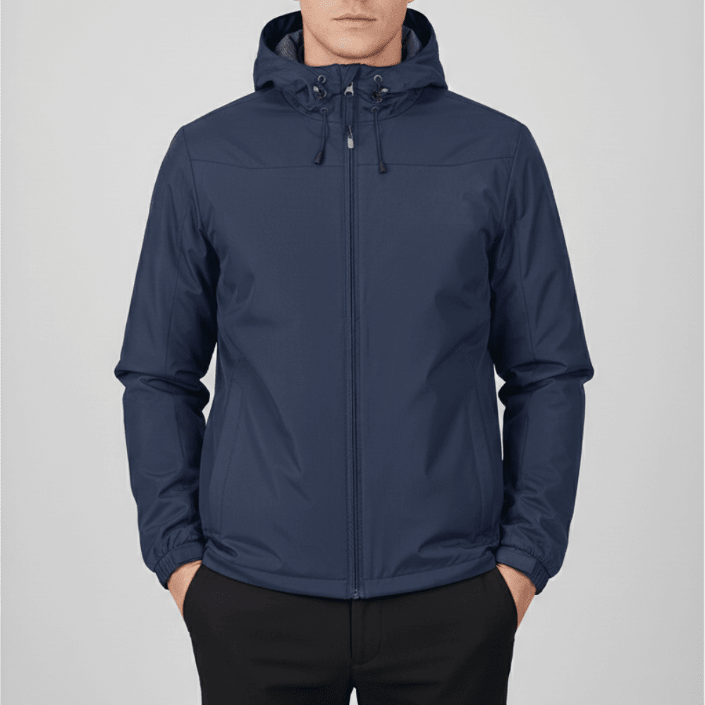 Men's hooded full-zip rain jacket with long sleeves and side pockets