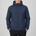 Men's hooded full-zip rain jacket with long sleeves and side pockets