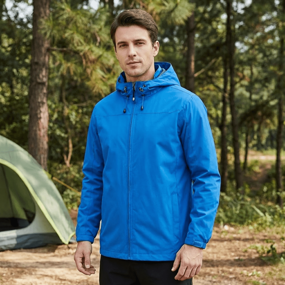 Men's hooded full-zip rain jacket with long sleeves and side pockets