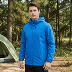 Men's hooded full-zip rain jacket with long sleeves and side pockets