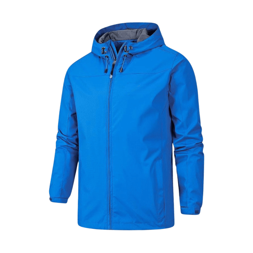 Men's hooded full-zip rain jacket with long sleeves and side pockets