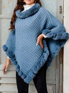 Women's textured wrap cape coat with contrast faux fur trim