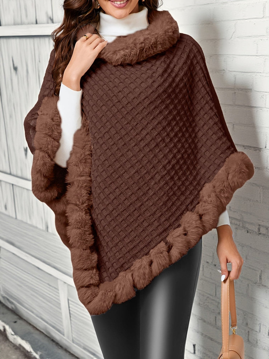 Women's textured wrap cape coat with contrast faux fur trim