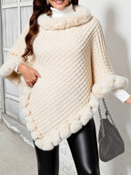 Women's textured wrap cape coat with contrast faux fur trim