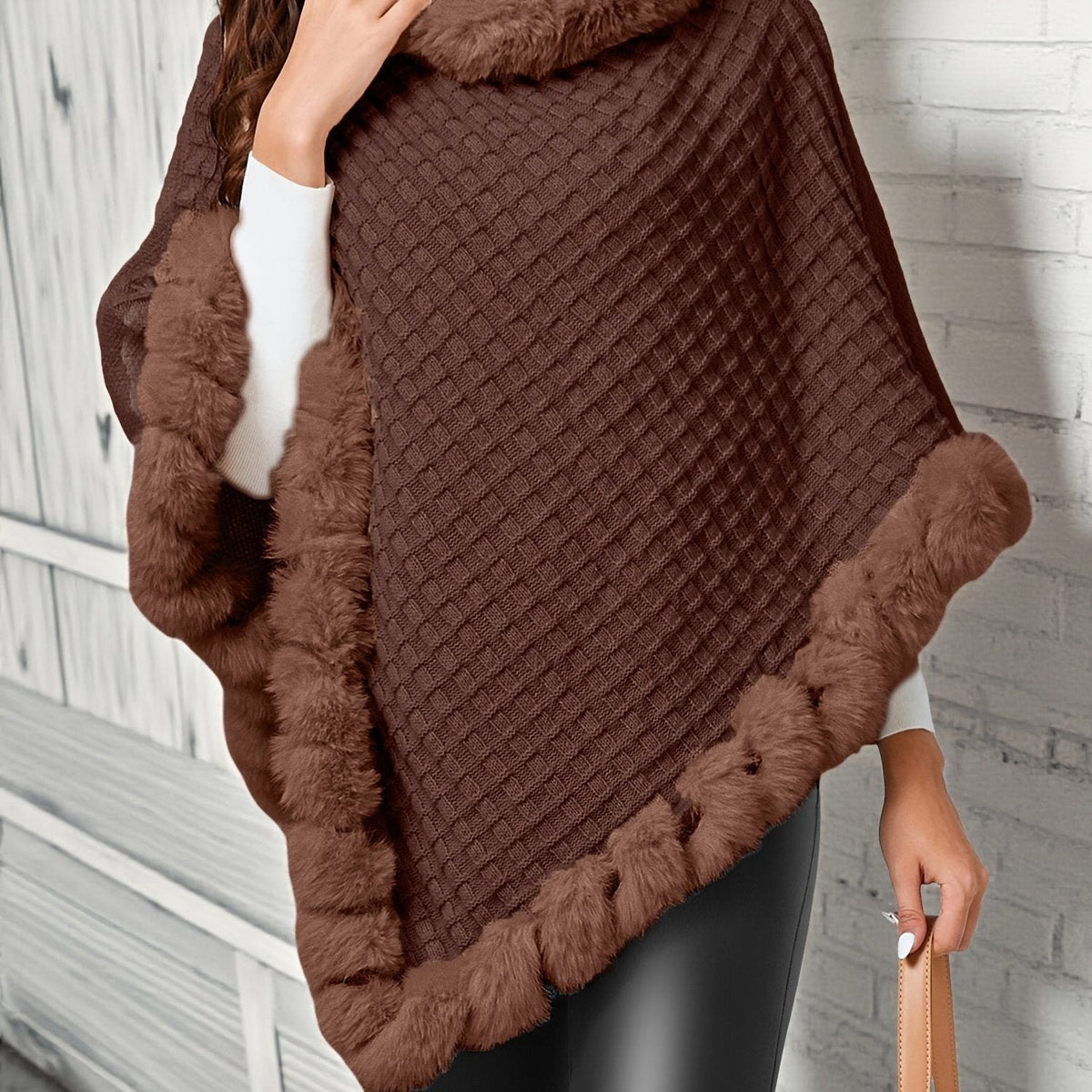 Women's textured wrap cape coat with contrast faux fur trim